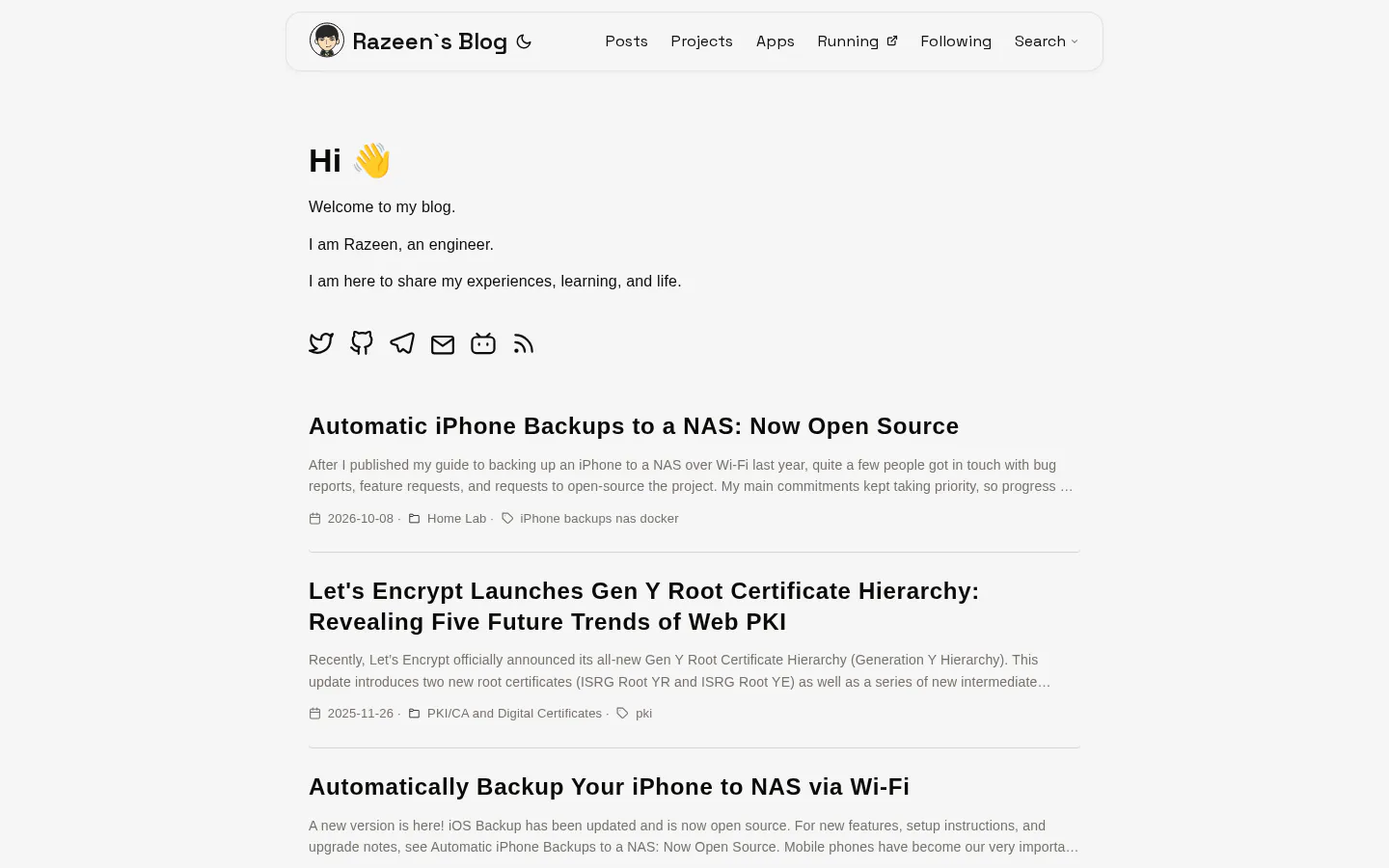 Razeen’s Blog 的首页截图