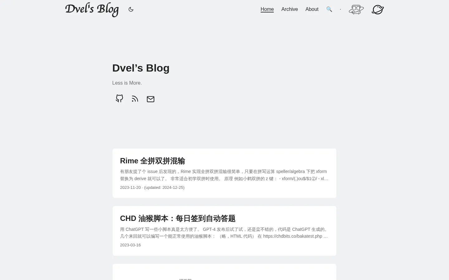 Dvel's Blog 的首页截图