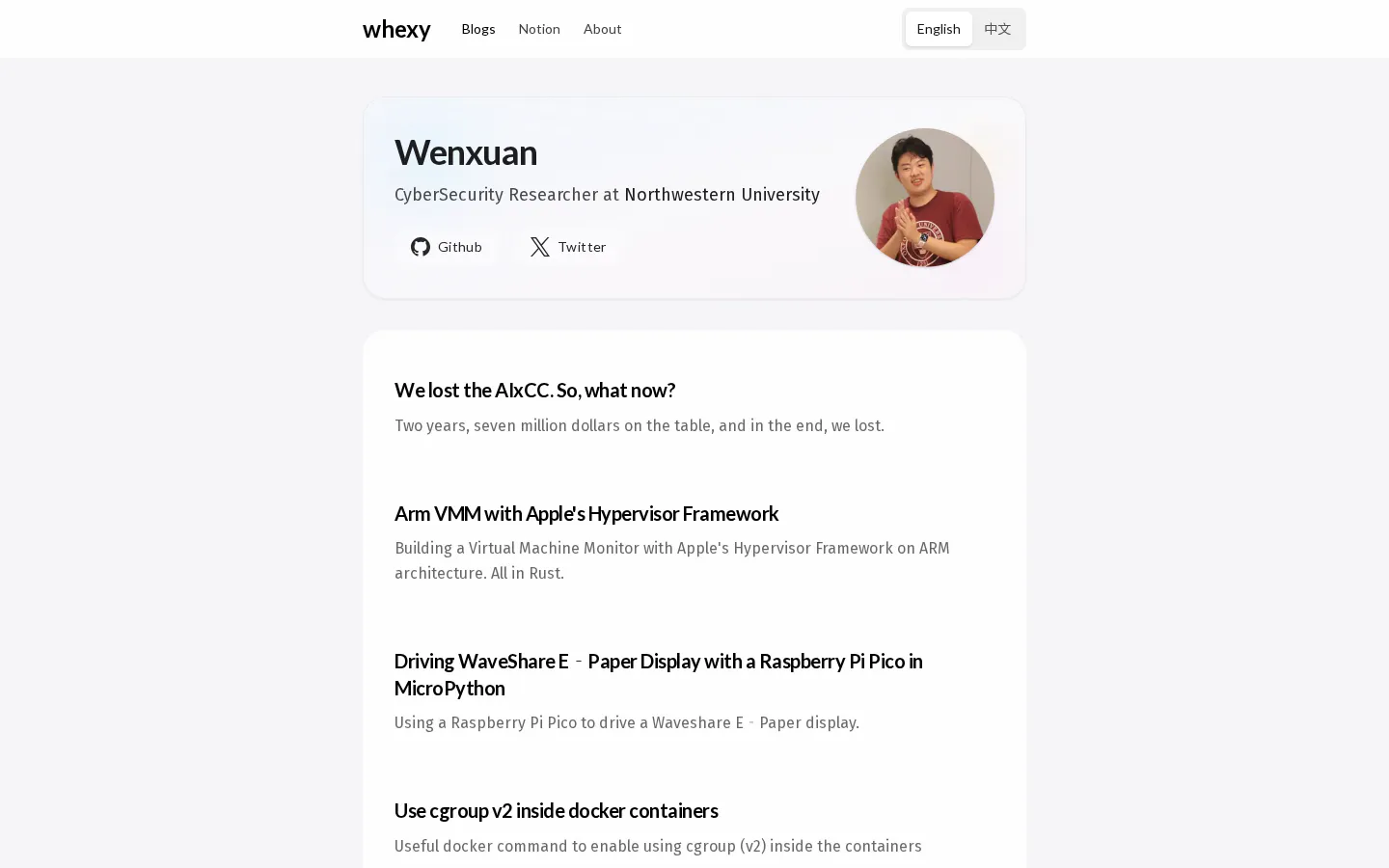 Wenxuan SHI's blog 的首页截图