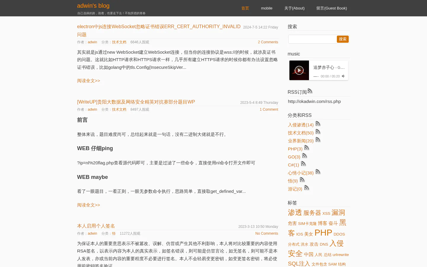 adwin's blog 的首页截图