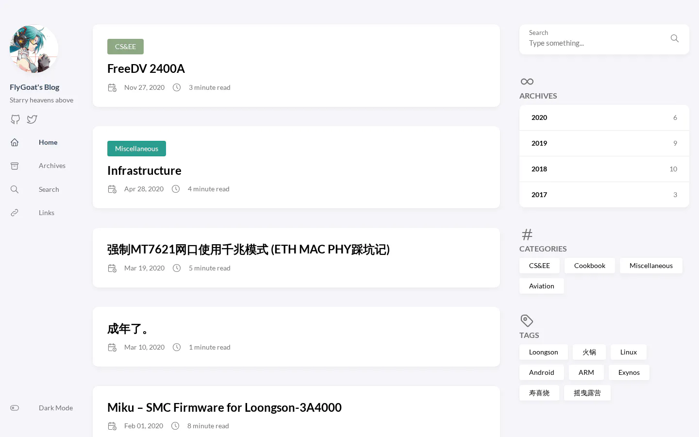 FlyGoat's Blog 的首页截图